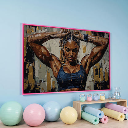 Muscular Strength Woman Portrait Canvas Print in pink floating frame