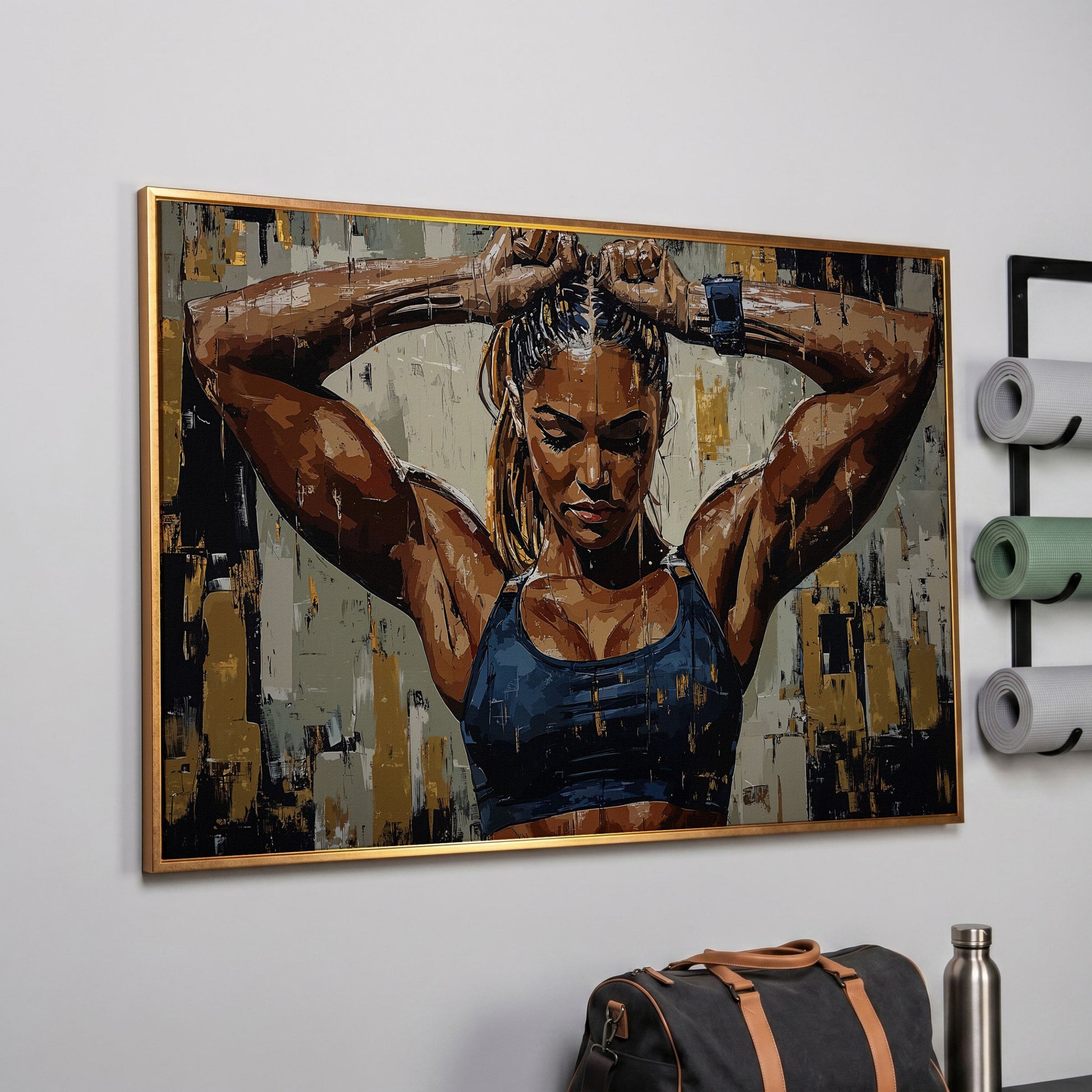 Muscular Strength Woman Portrait Canvas Print in rose gold floating frame