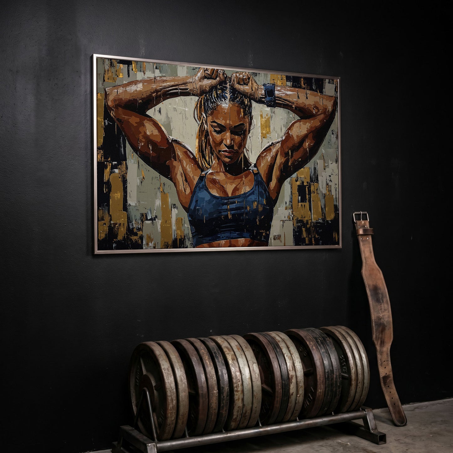 Muscular Strength Woman Portrait Canvas Print in silver floating frame