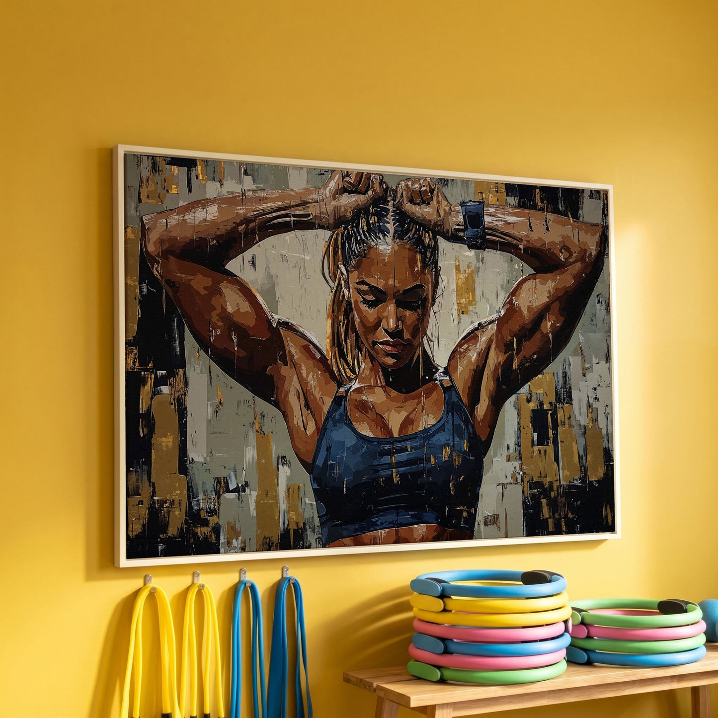 Muscular Strength Woman Portrait Canvas Print in white floating frame