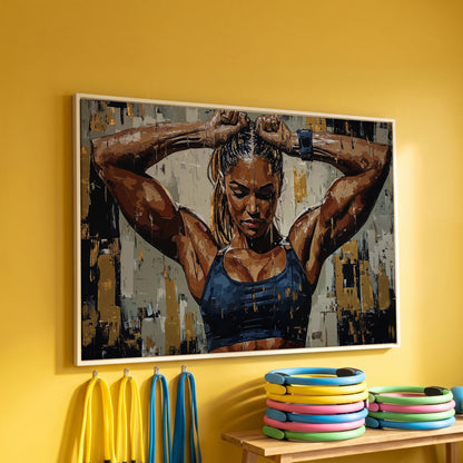 Muscular Strength Woman Portrait Canvas Print in white floating frame