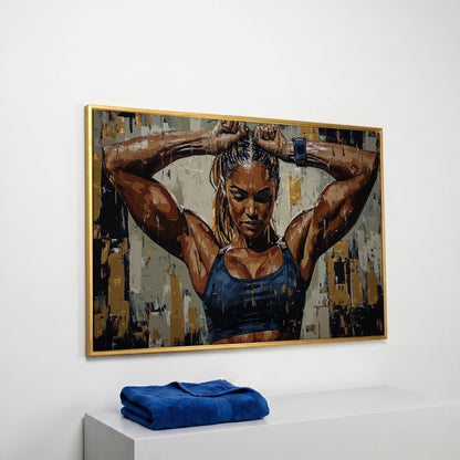 Muscular Strength Woman Portrait Canvas Print in yellow gold floating frame