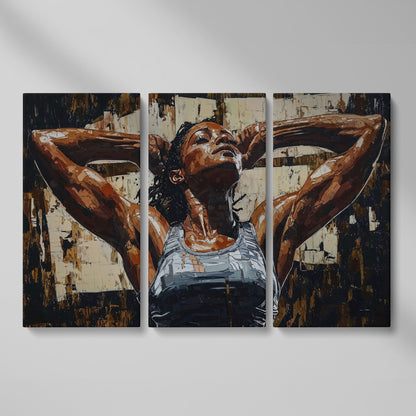 African American Woman Athlete Canvas Art in Umber and Ivory as 3-panel split version