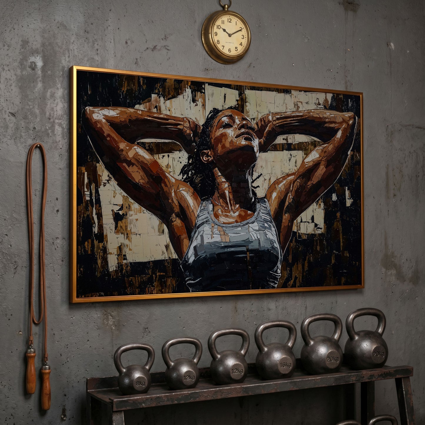 African American Woman Athlete Canvas Art in Umber and Ivory in antique gold floating frame