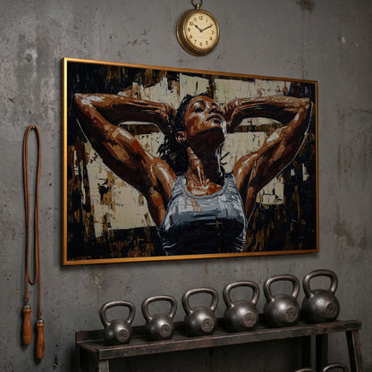 African American Woman Athlete Canvas Art in Umber and Ivory in antique gold floating frame
