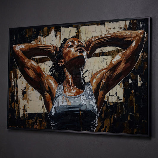 African American Woman Athlete Canvas Art in Umber and Ivory shown in black floating frame