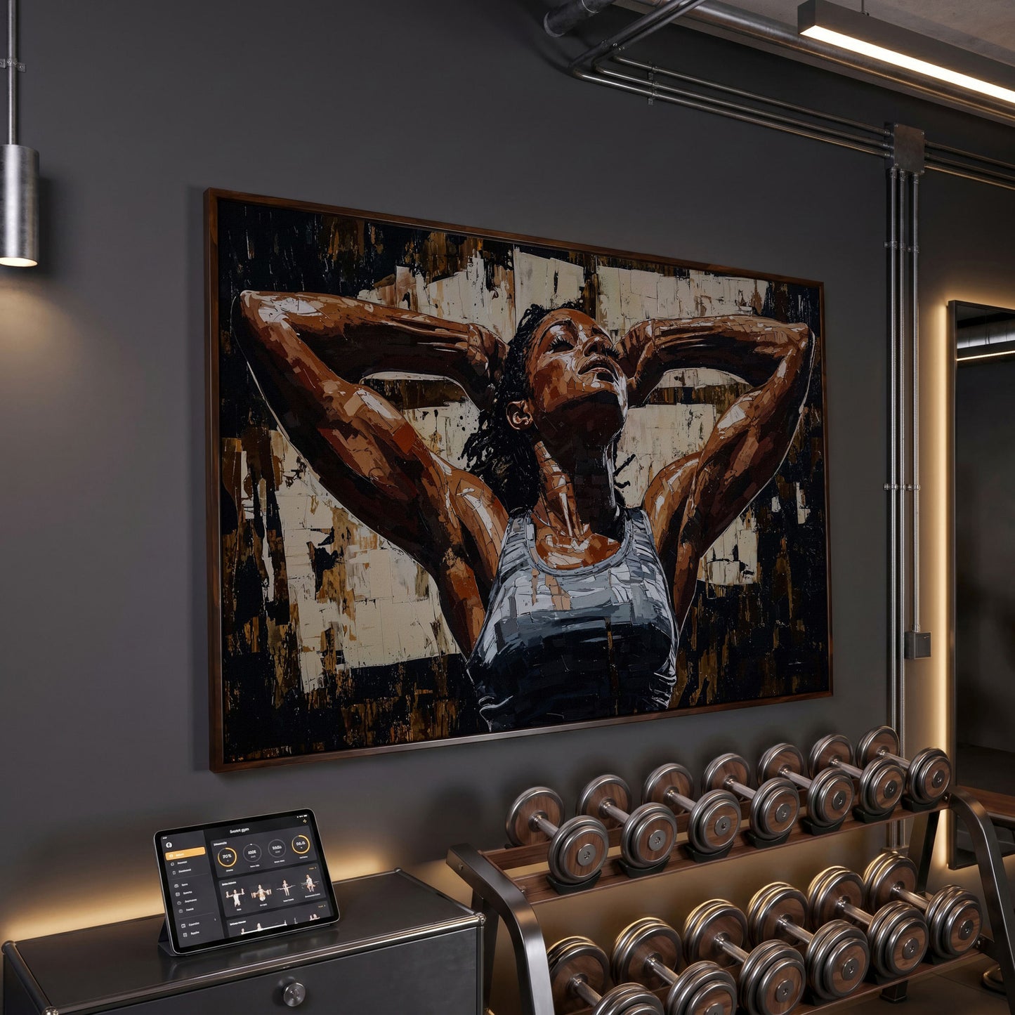 African American Woman Athlete Canvas Art in Umber and Ivory in dark walnut floating frame