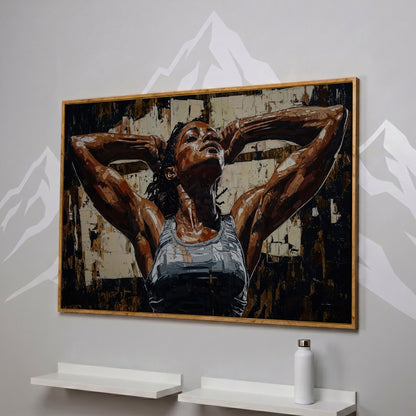 African American Woman Athlete Canvas Art in Umber and Ivory in white oak floating frame