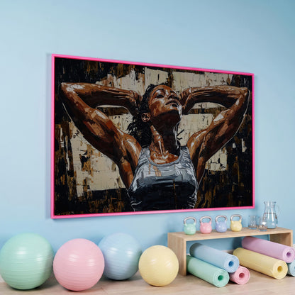 African American Woman Athlete Canvas Art in Umber and Ivory in pink floating frame