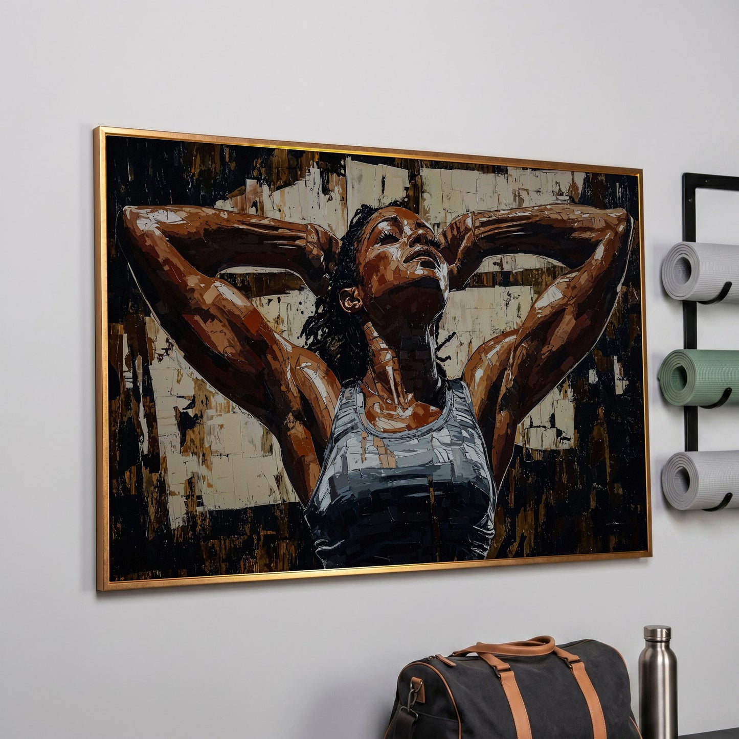 African American Woman Athlete Canvas Art in Umber and Ivory in rose gold floating frame