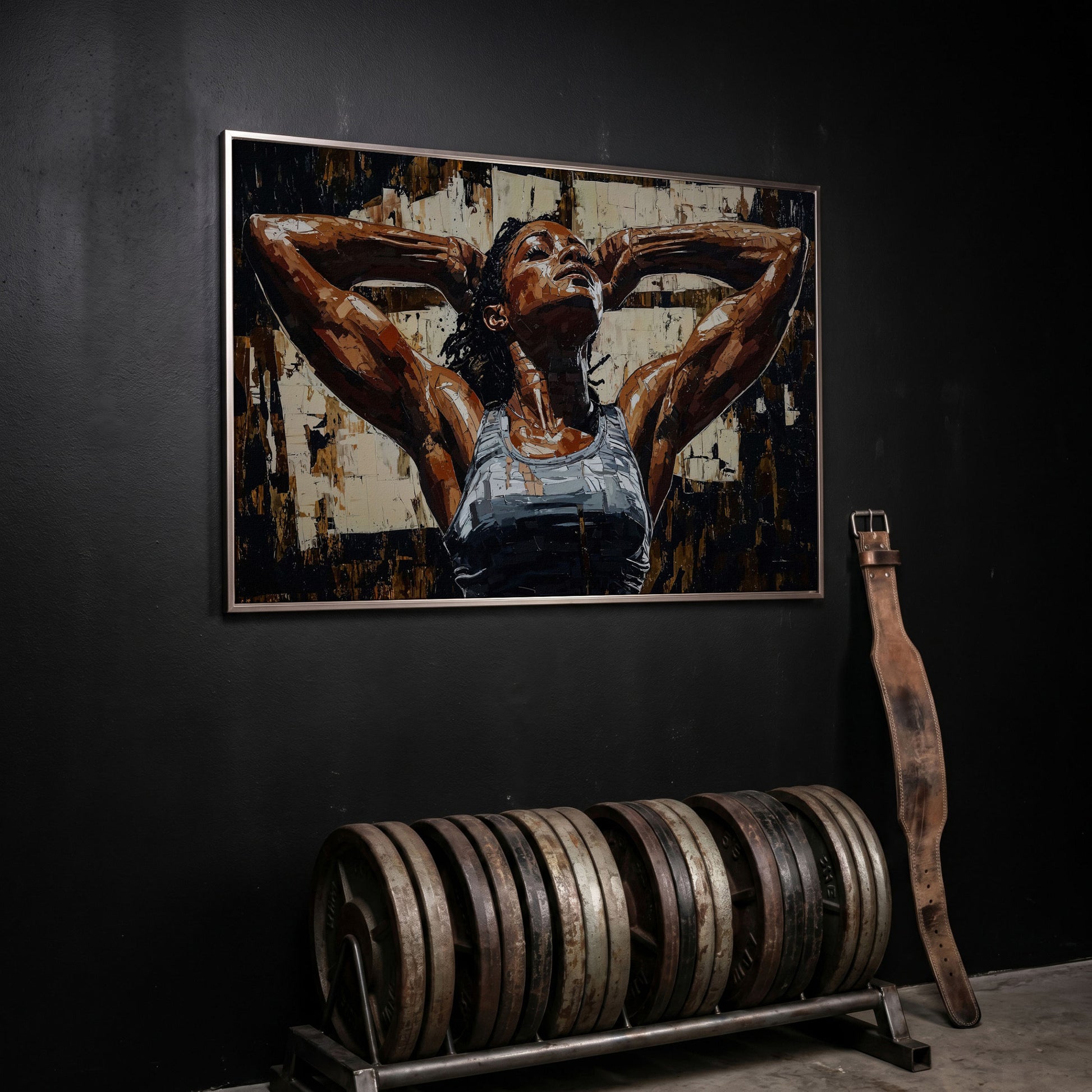African American Woman Athlete Canvas Art in Umber and Ivory in silver floating frame