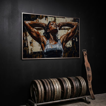 African American Woman Athlete Canvas Art in Umber and Ivory in silver floating frame