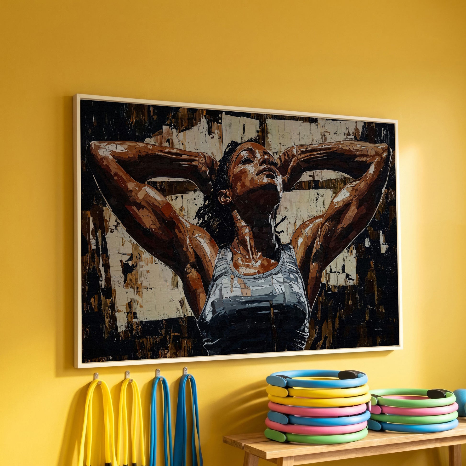 African American Woman Athlete Canvas Art in Umber and Ivory in white floating frame