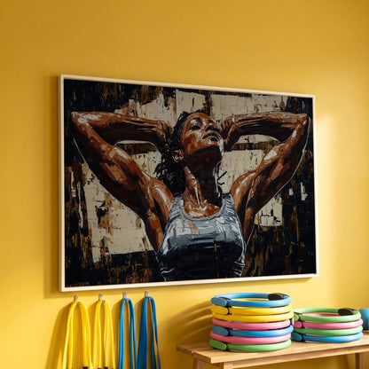 African American Woman Athlete Canvas Art in Umber and Ivory in white floating frame