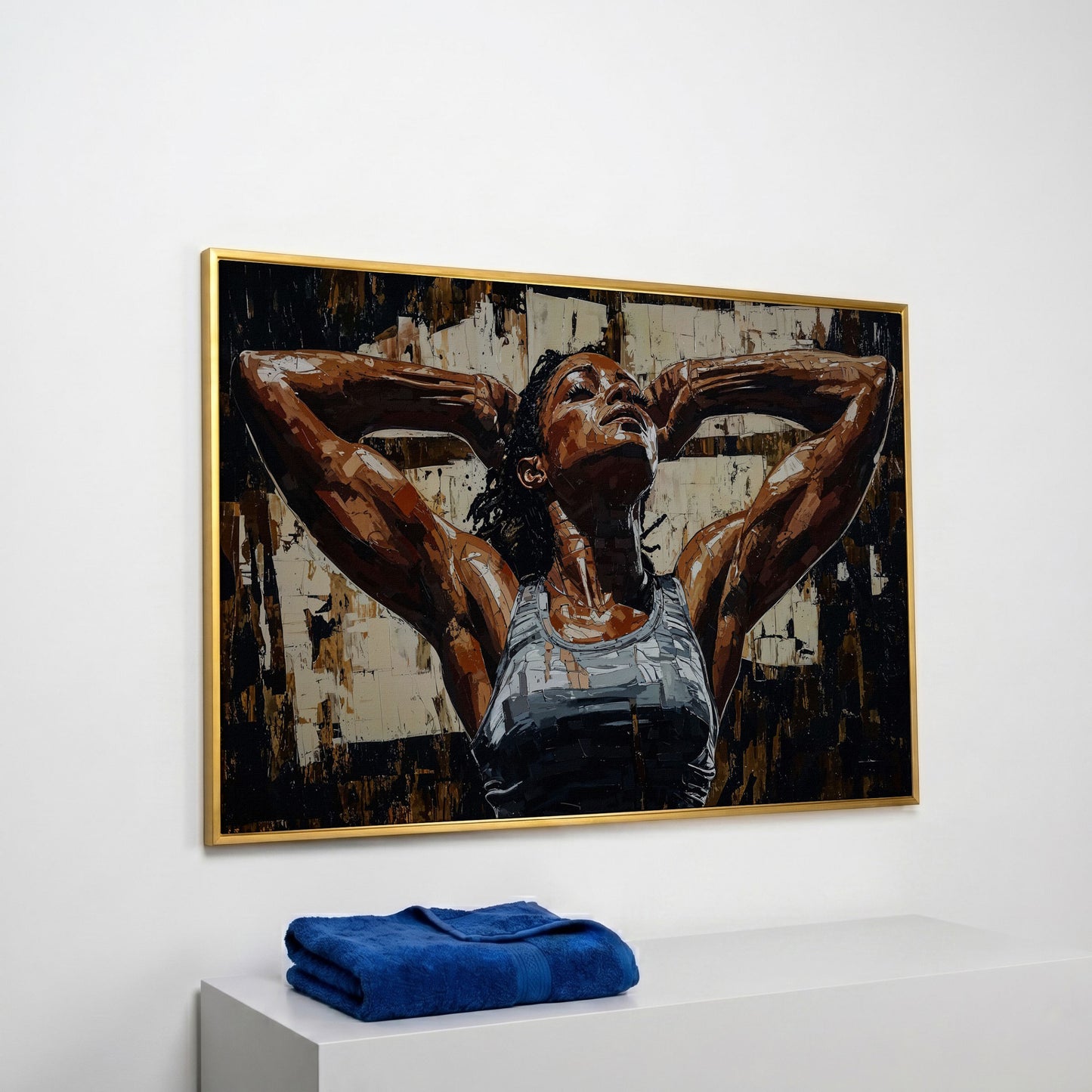 African American Woman Athlete Canvas Art in Umber and Ivory in yellow gold floating frame