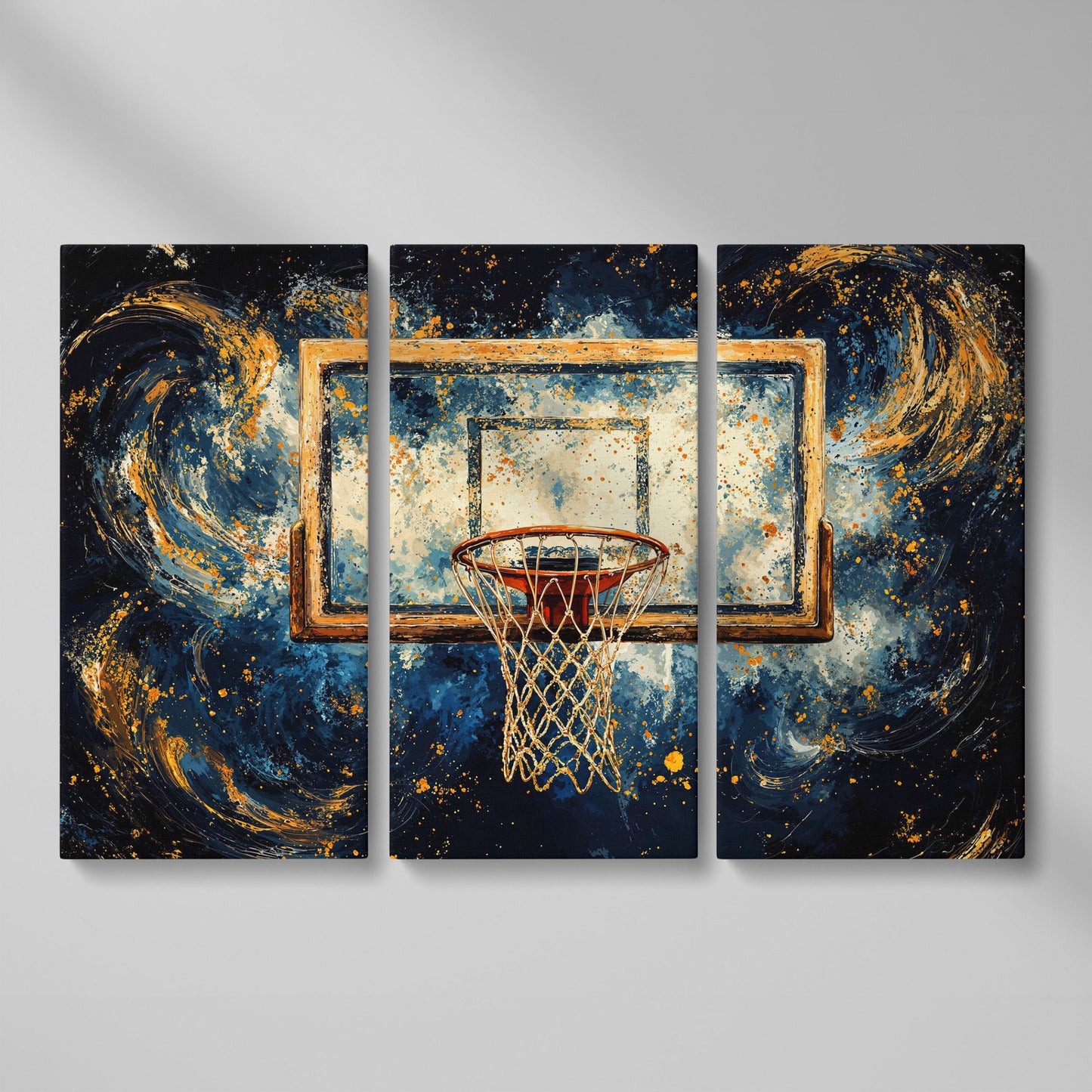 Basketball Hoop Abstract Canvas in Navy & Ochre as 3-panel split version