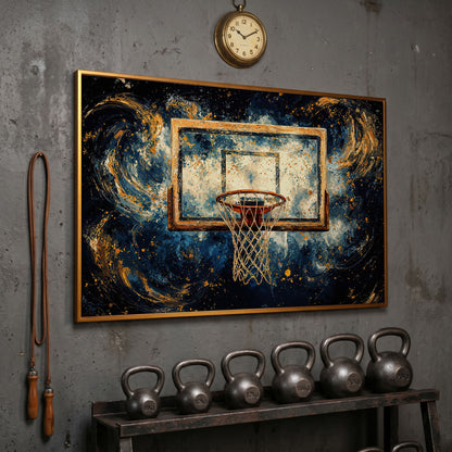 Basketball Hoop Abstract Canvas in Navy & Ochre in antique gold floating frame