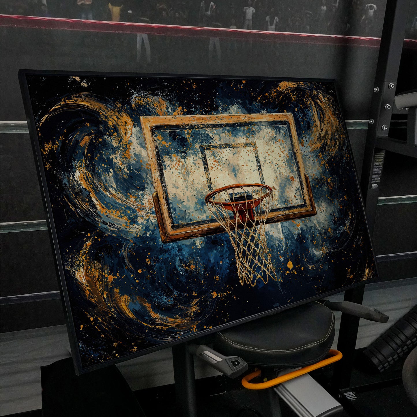 Basketball Hoop Abstract Canvas in Navy & Ochre in black floating frame