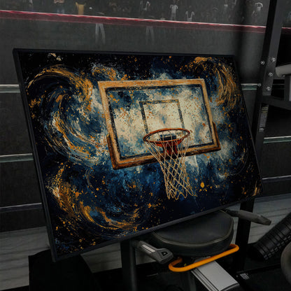 Basketball Hoop Abstract Canvas in Navy & Ochre in black floating frame