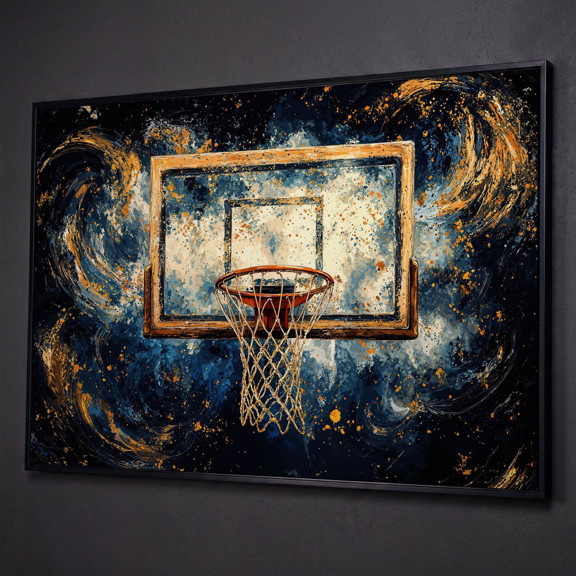 Basketball Hoop Abstract Canvas in Navy & Ochre shown in black floating frame