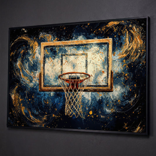 Basketball Hoop Abstract Canvas in Navy & Ochre shown in black floating frame