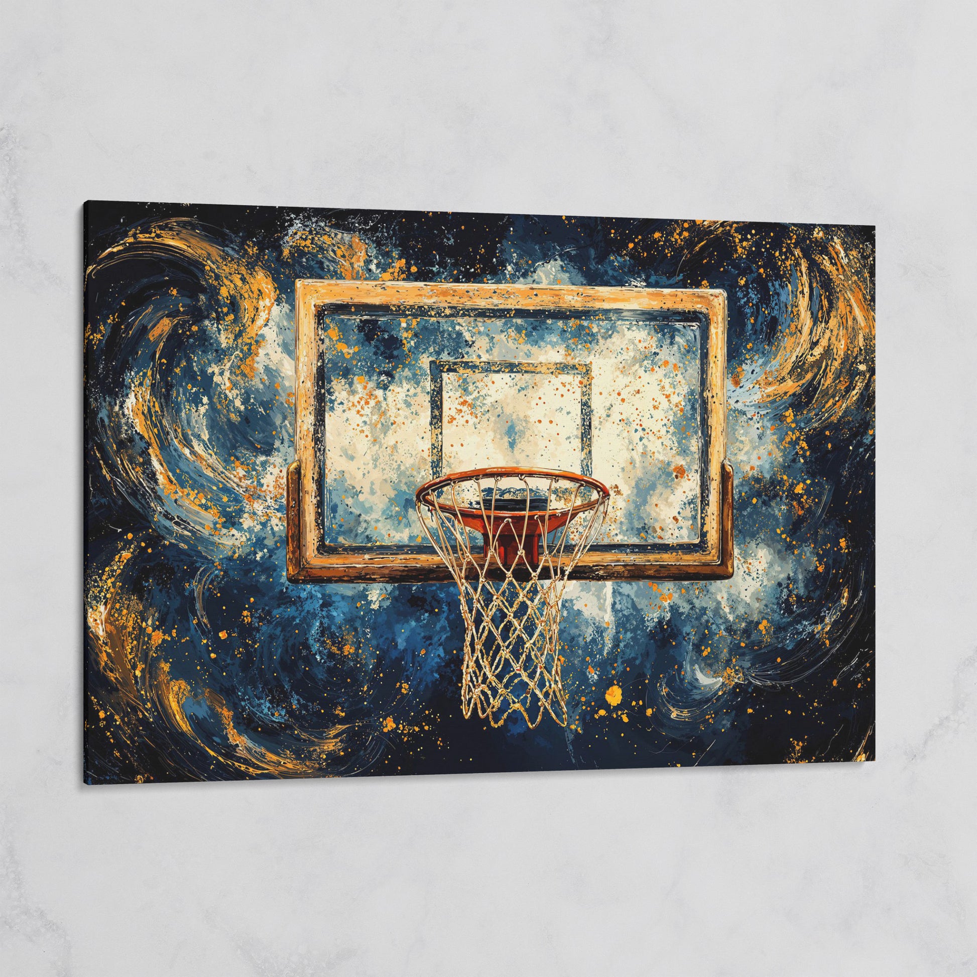 Basketball Hoop Abstract Canvas in Navy & Ochre on gallery wrap