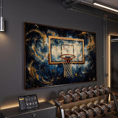 Basketball Hoop Abstract Canvas in Navy & Ochre in dark walnut floating frame