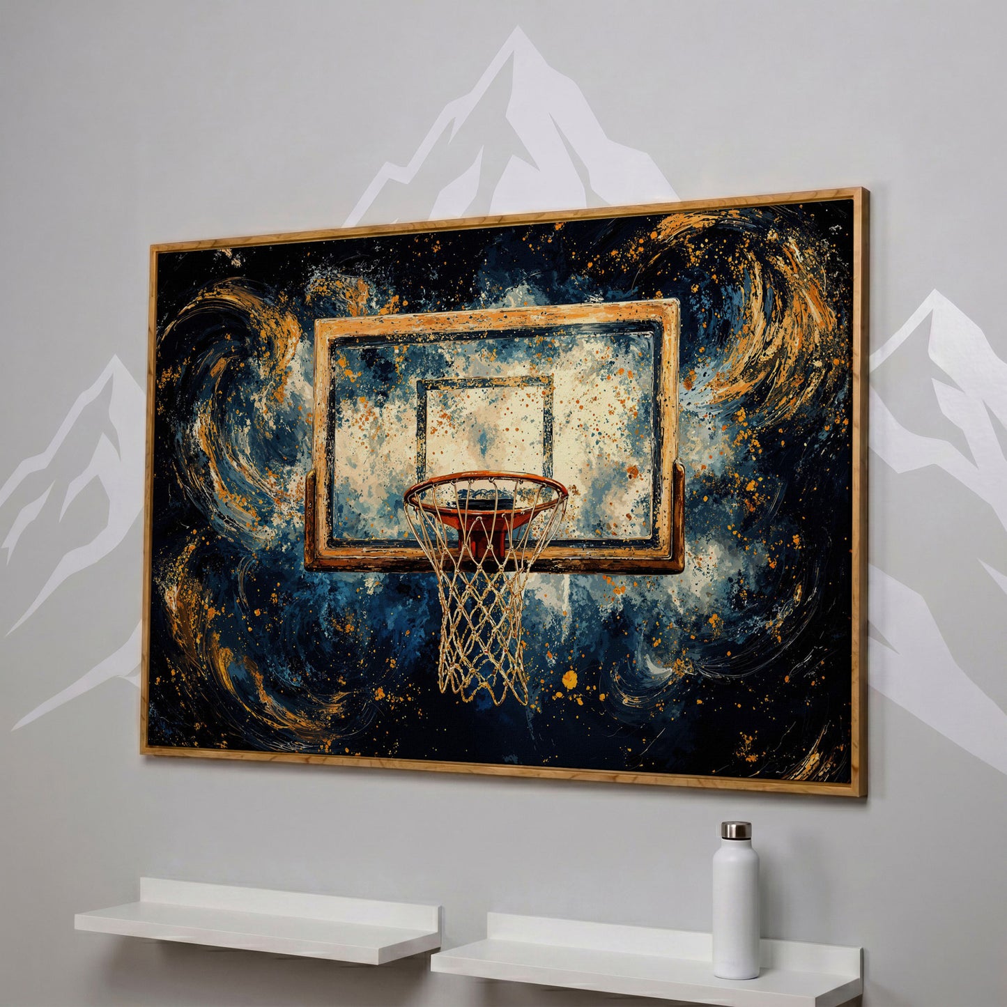 Basketball Hoop Abstract Canvas in Navy & Ochre in white oak floating frame