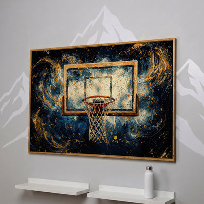 Basketball Hoop Abstract Canvas in Navy & Ochre in white oak floating frame