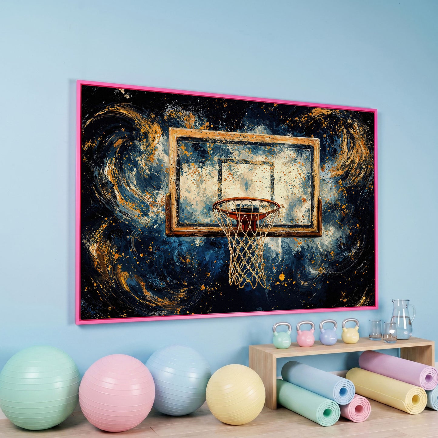 Basketball Hoop Abstract Canvas in Navy & Ochre in pink floating frame