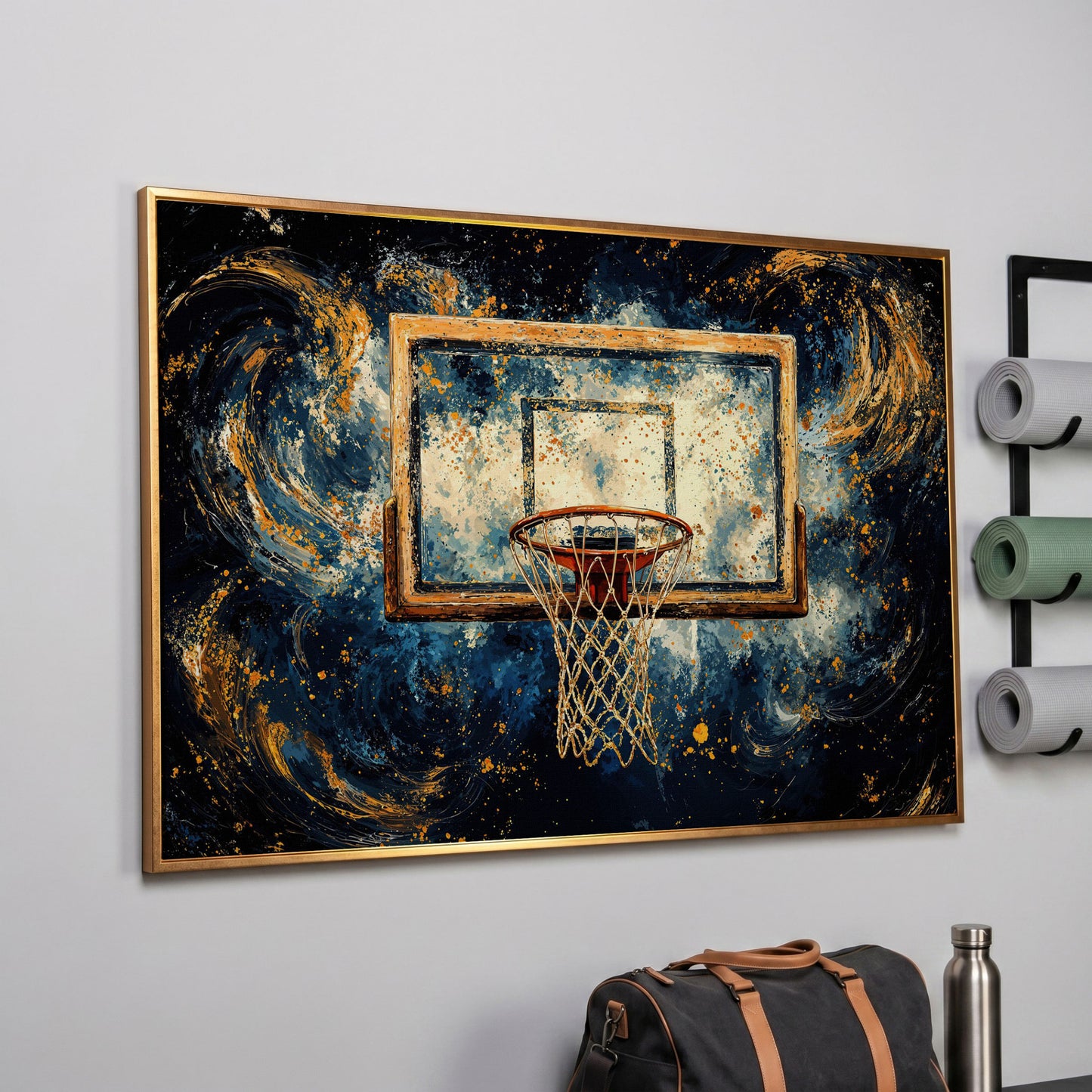 Basketball Hoop Abstract Canvas in Navy & Ochre in rose gold floating frame