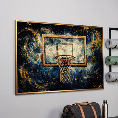 Basketball Hoop Abstract Canvas in Navy & Ochre in rose gold floating frame