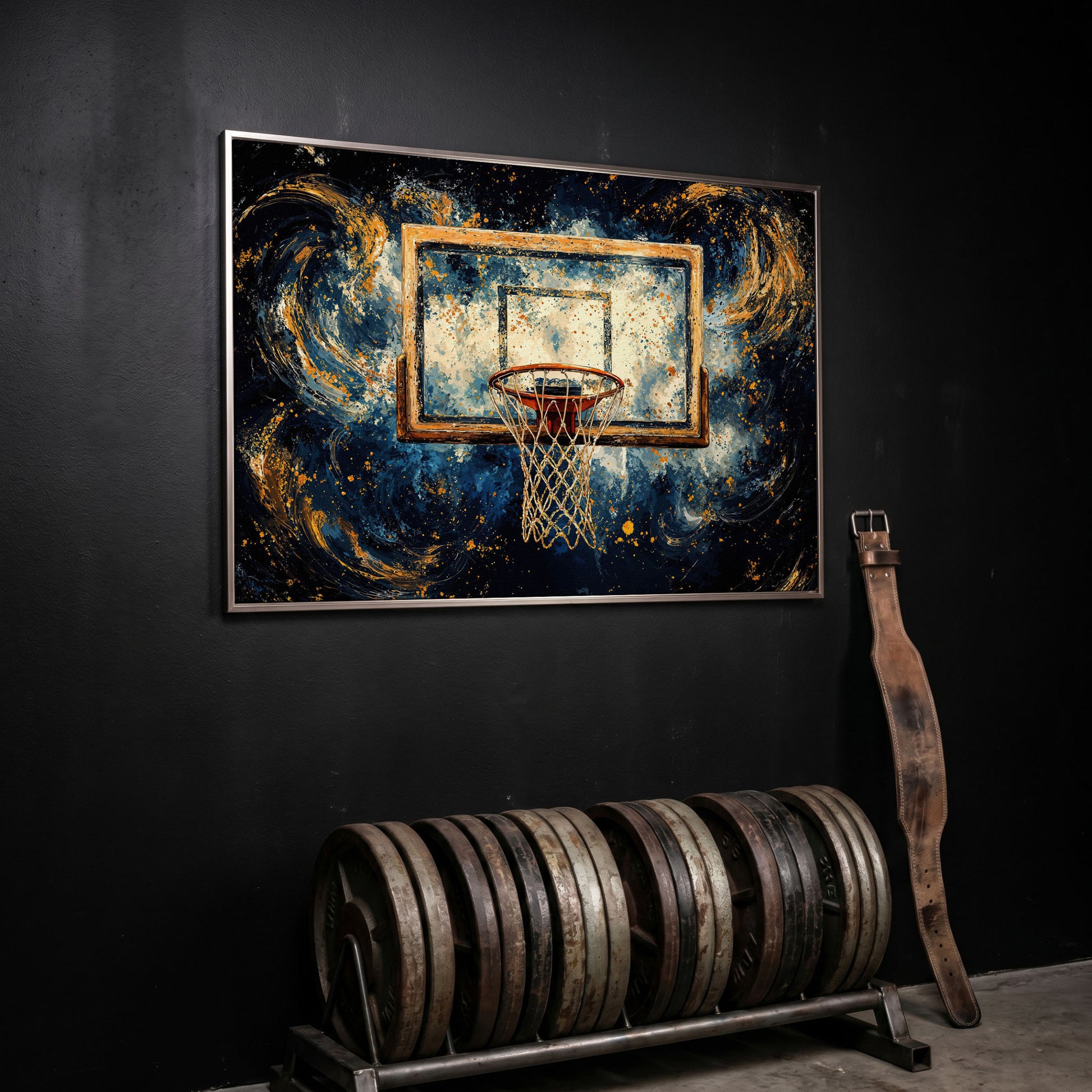 Basketball Hoop Abstract Canvas in Navy & Ochre in silver floating frame