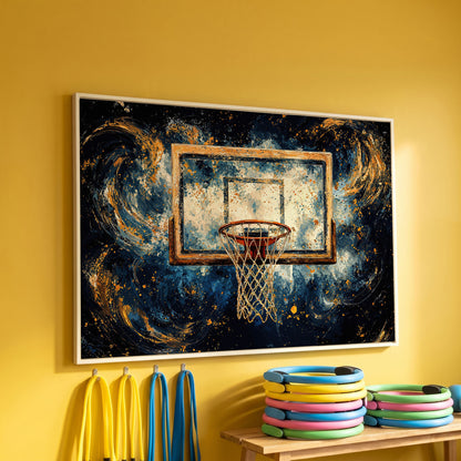 Basketball Hoop Abstract Canvas in Navy & Ochre in white floating frame