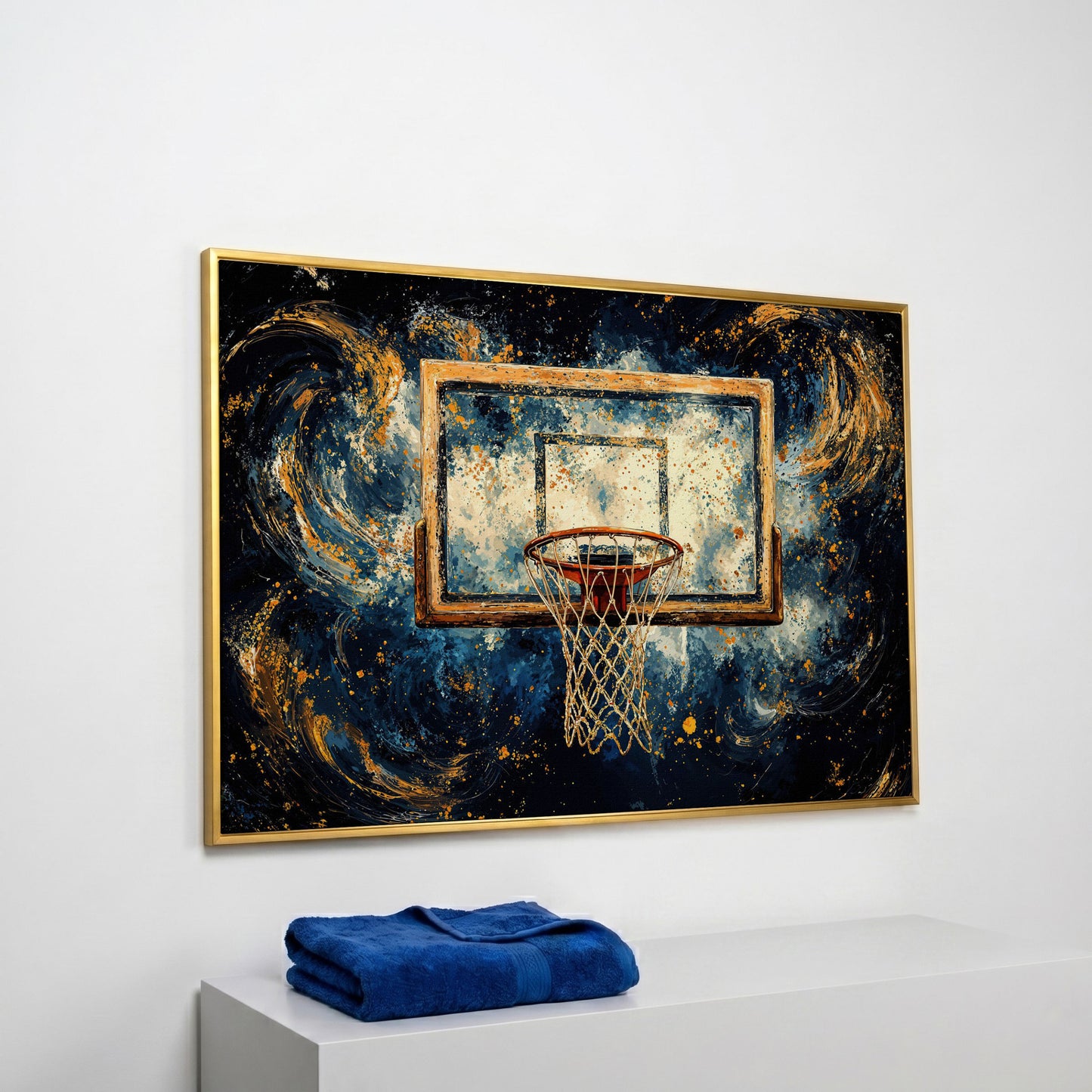 Basketball Hoop Abstract Canvas in Navy & Ochre in yellow gold floating frame