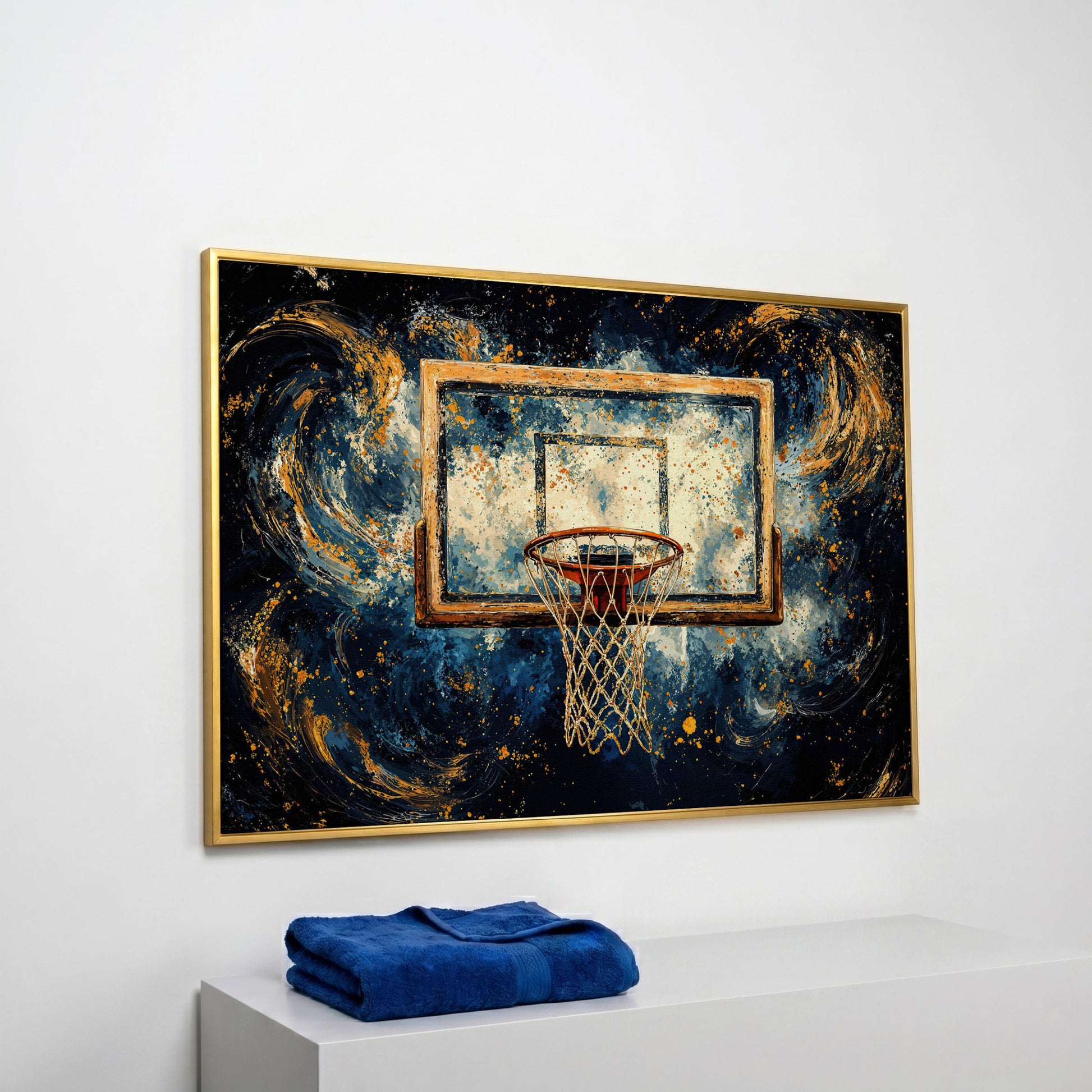 Basketball Hoop Abstract Canvas in Navy & Ochre in yellow gold floating frame