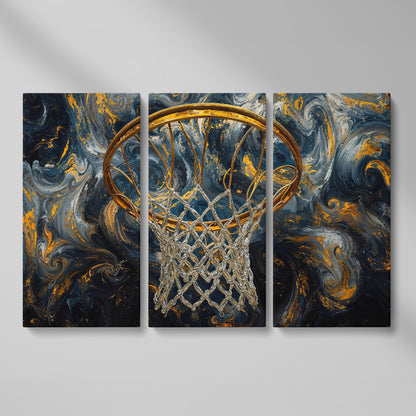 Basketball Hoop Canvas with Gold Rim and Silver Net as 3-panel split version