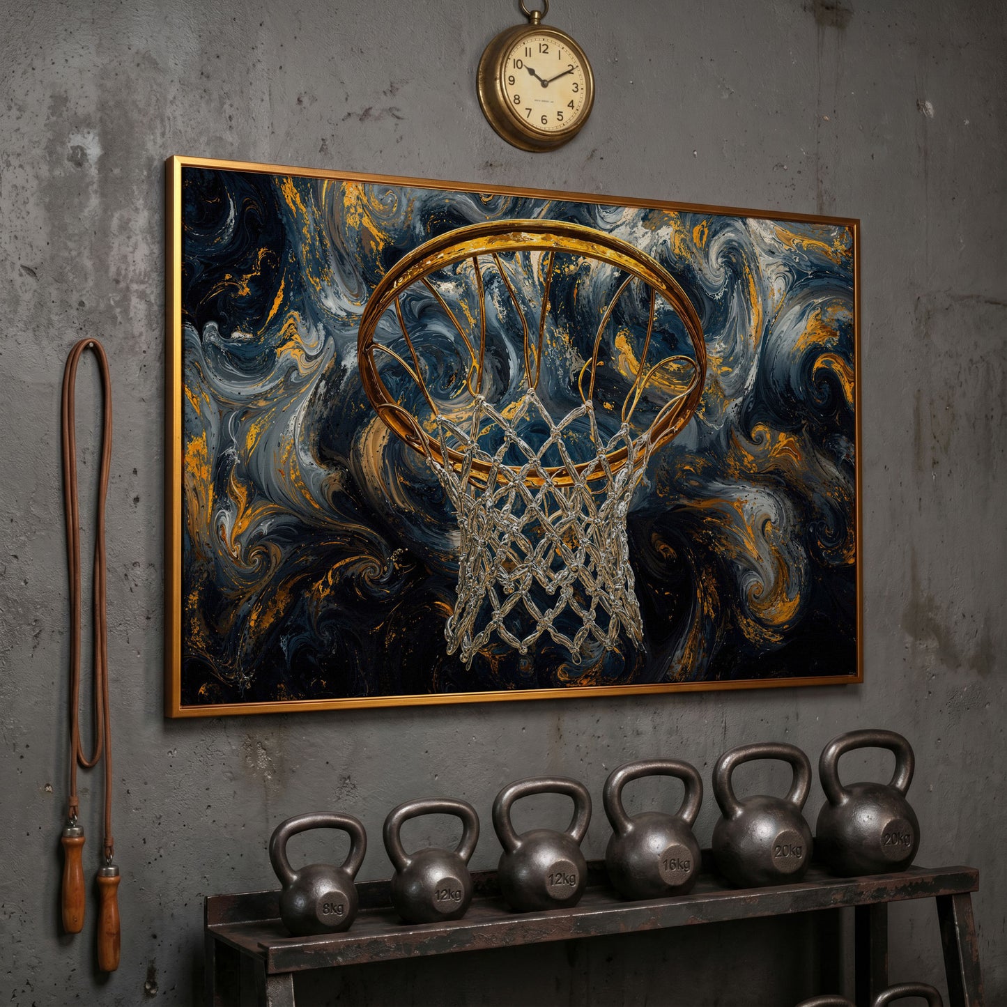Basketball Hoop Canvas with Gold Rim and Silver Net in antique gold floating frame
