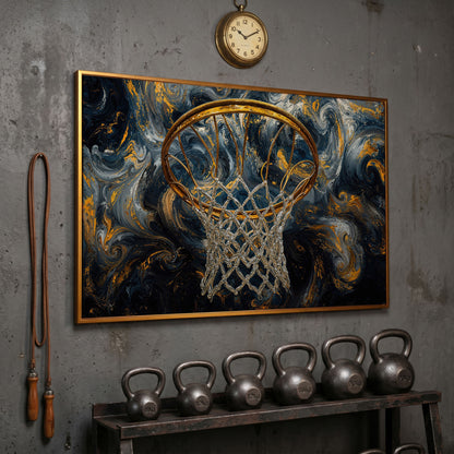 Basketball Hoop Canvas with Gold Rim and Silver Net in antique gold floating frame