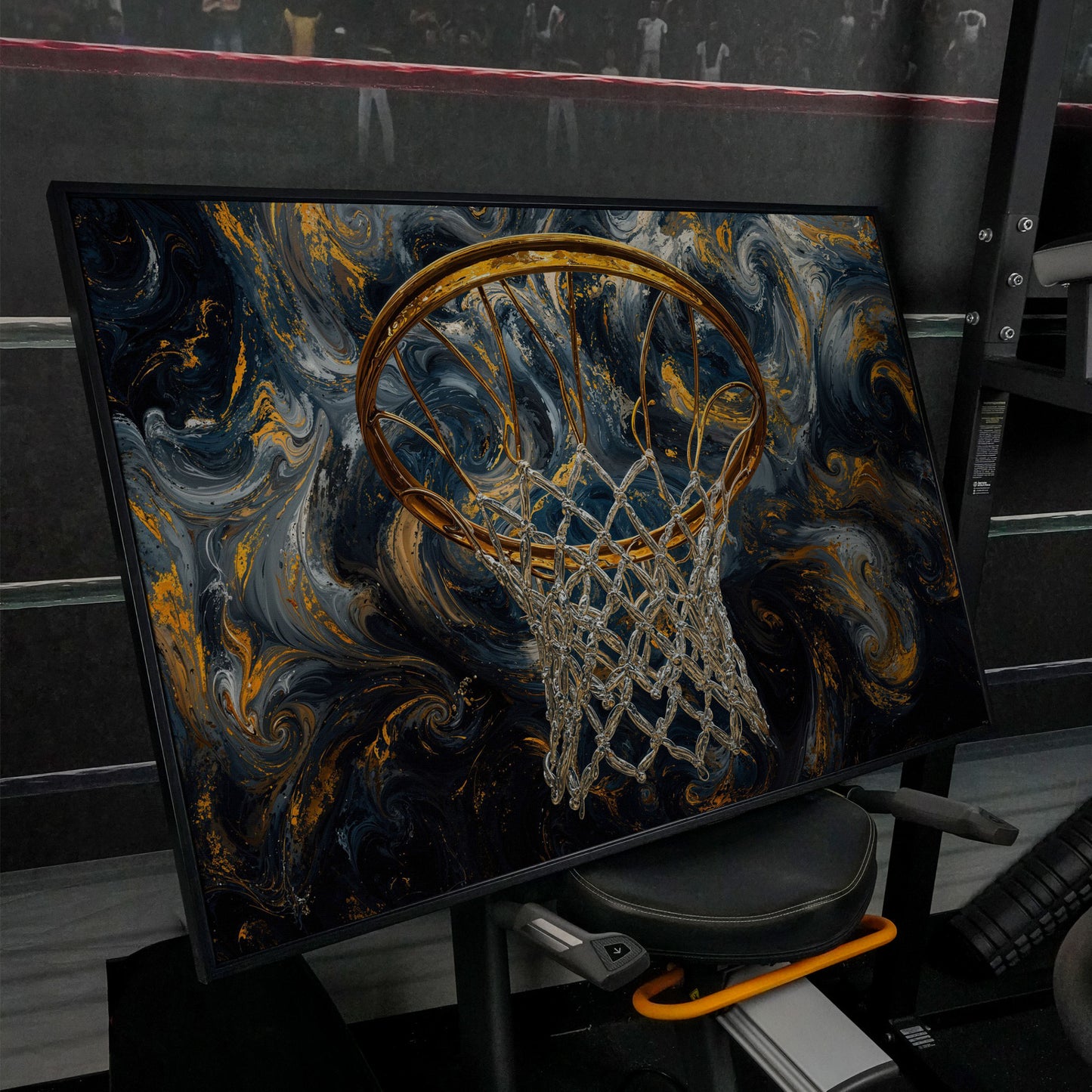 Basketball Hoop Canvas with Gold Rim and Silver Net in black floating frame