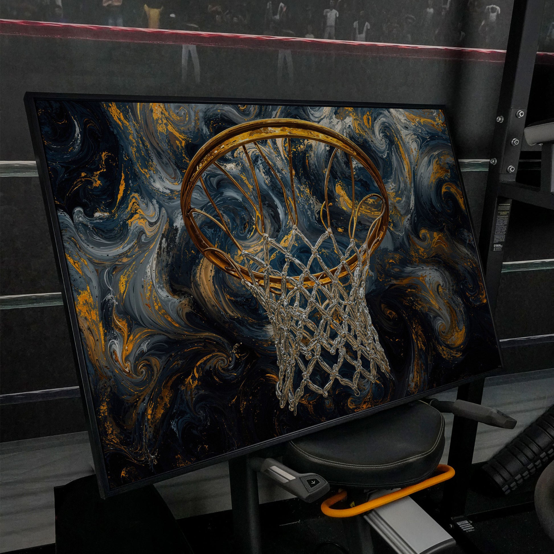 Basketball Hoop Canvas with Gold Rim and Silver Net in black floating frame