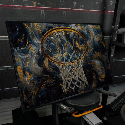 Basketball Hoop Canvas with Gold Rim and Silver Net in black floating frame