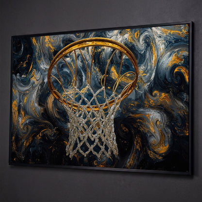 Basketball Hoop Canvas with Gold Rim and Silver Net shown in black floating frame