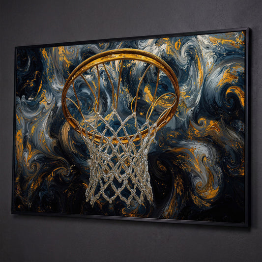 Basketball Hoop Canvas with Gold Rim and Silver Net shown in black floating frame