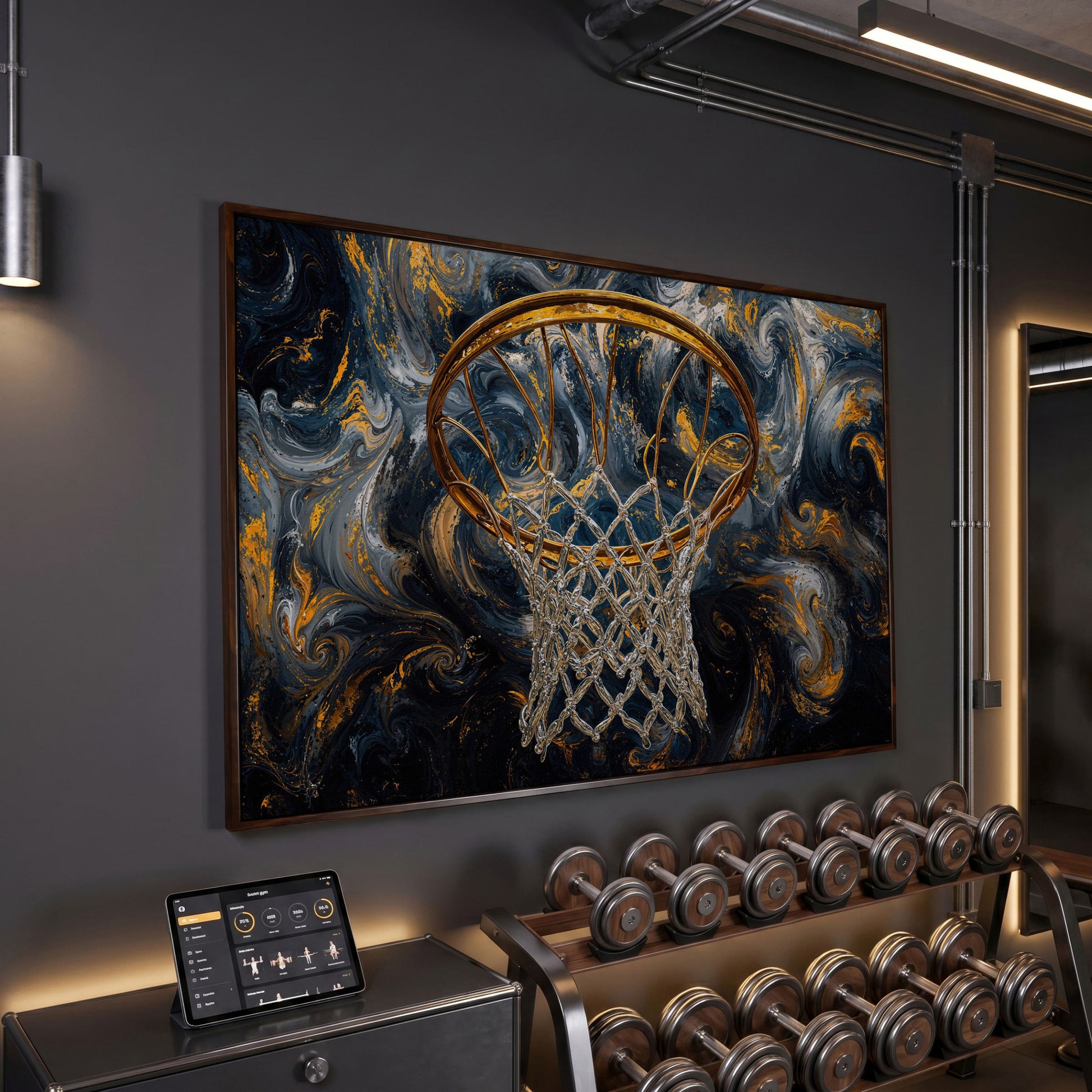 Basketball Hoop Canvas with Gold Rim and Silver Net in dark walnut floating frame