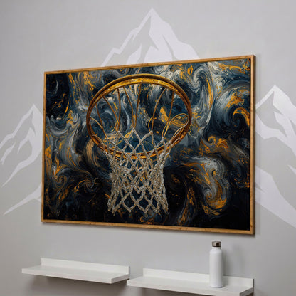 Basketball Hoop Canvas with Gold Rim and Silver Net in white oak floating frame
