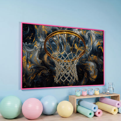 Basketball Hoop Canvas with Gold Rim and Silver Net in pink floating frame