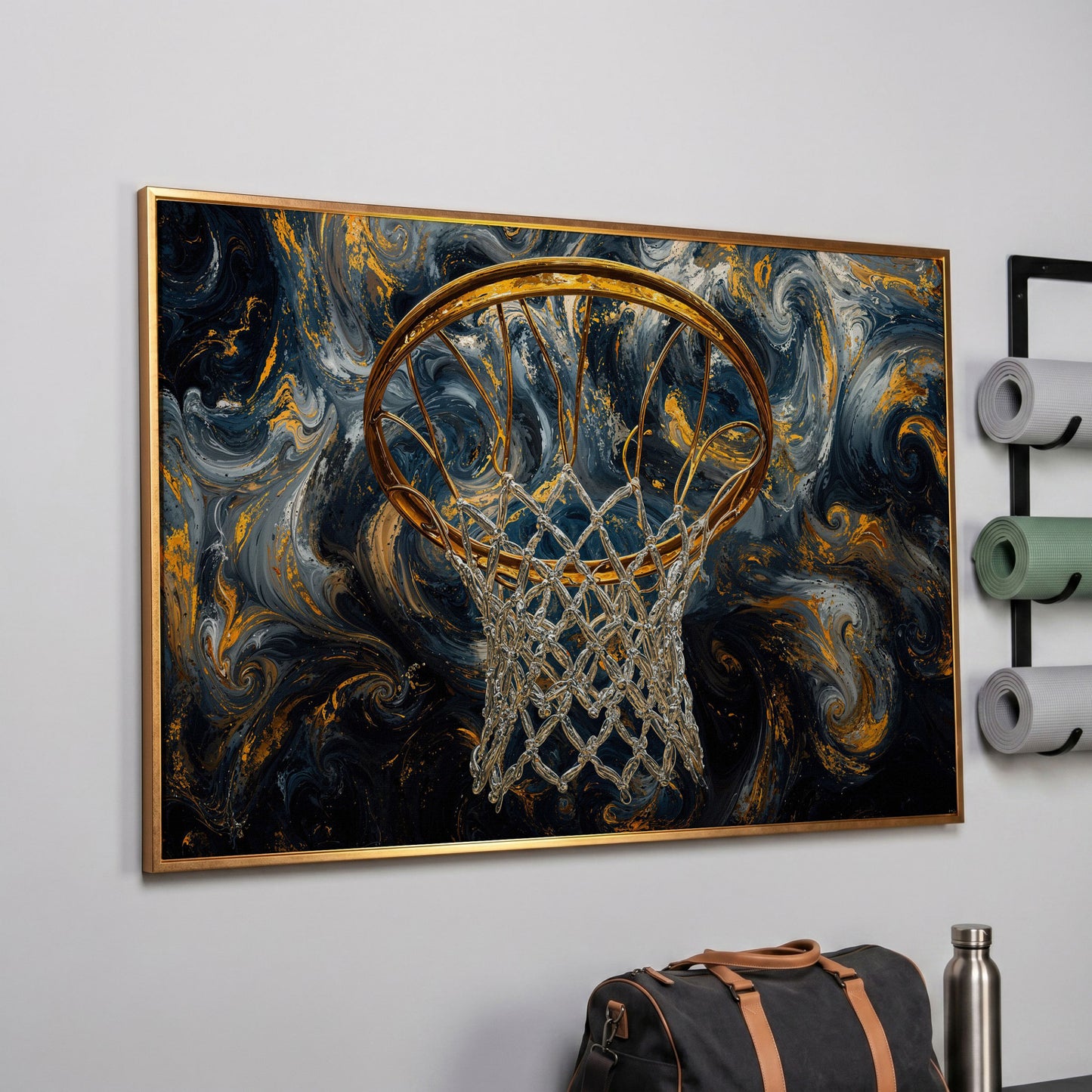 Basketball Hoop Canvas with Gold Rim and Silver Net in rose gold floating frame