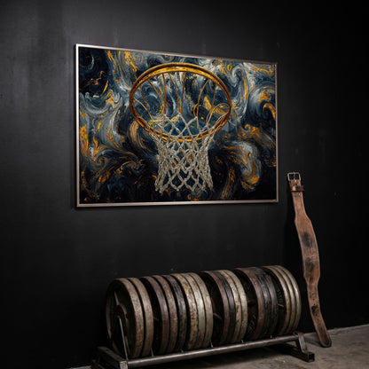 Basketball Hoop Canvas with Gold Rim and Silver Net in silver floating frame