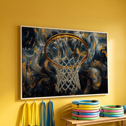 Basketball Hoop Canvas with Gold Rim and Silver Net in white floating frame